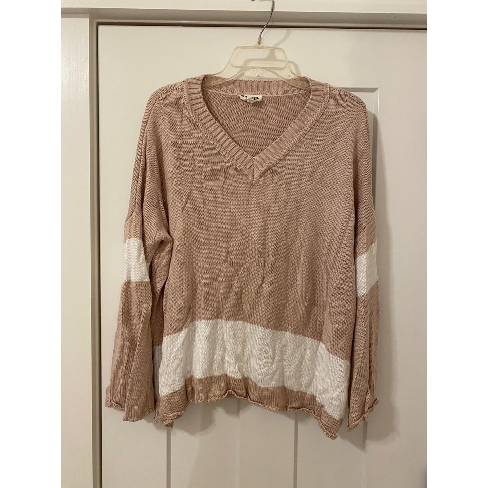 Mumu Mellow Throwback Sweater Cozy Rosie Pink White Striped V-Neck Small